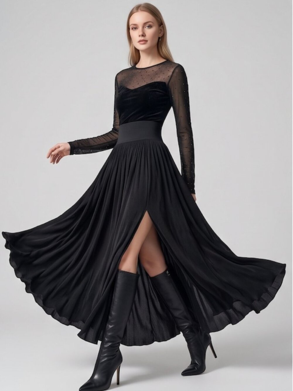 Black Pleated Maxi Skirt: Dramatic Slit, Flowy High Waist and Lettuce Hem